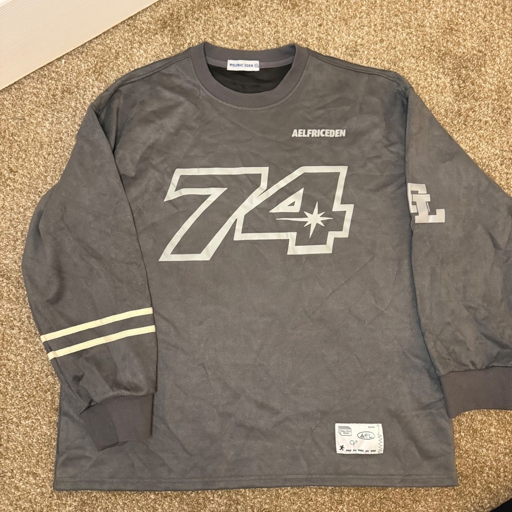 Men's Aelfric Eden Gray Oversized Crewneck Suede Sweatshirt Graphic Print SZ XL - Picture 3 of 10